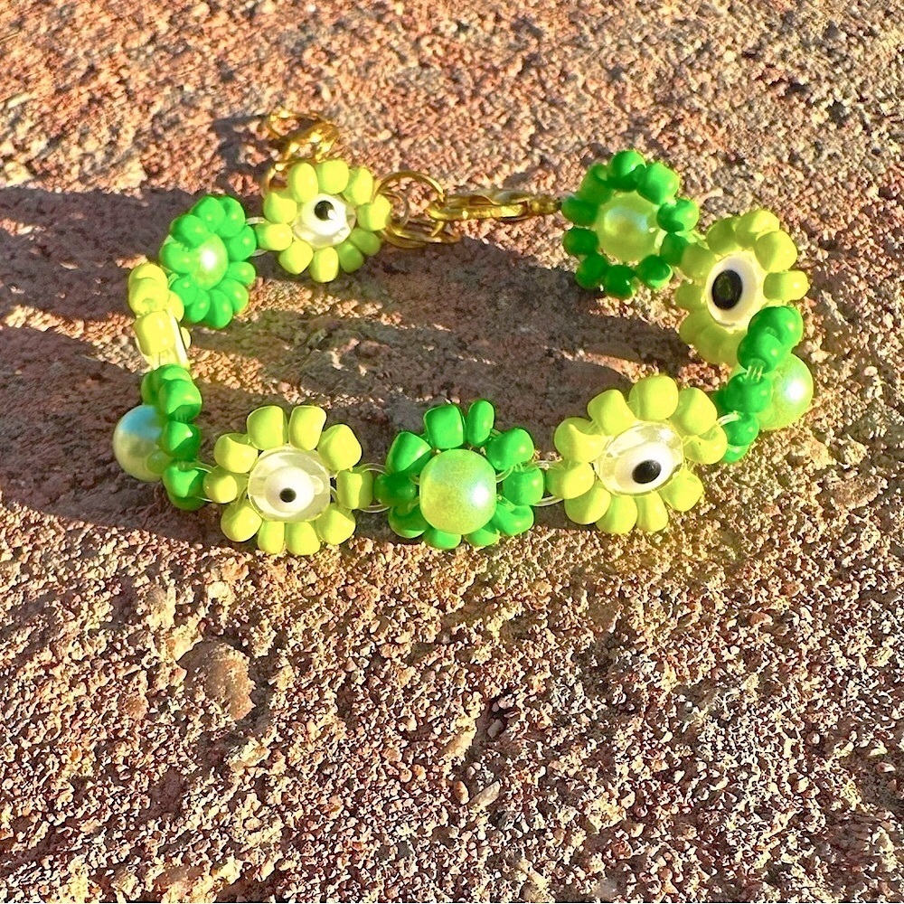 Light and Dark Green Evil Eye Beaded Bracelet with Gold Colored Accents